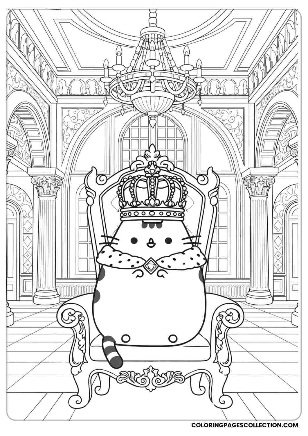 Pusheen wearing a crown sitting like a queen inside a royal palace coloring page