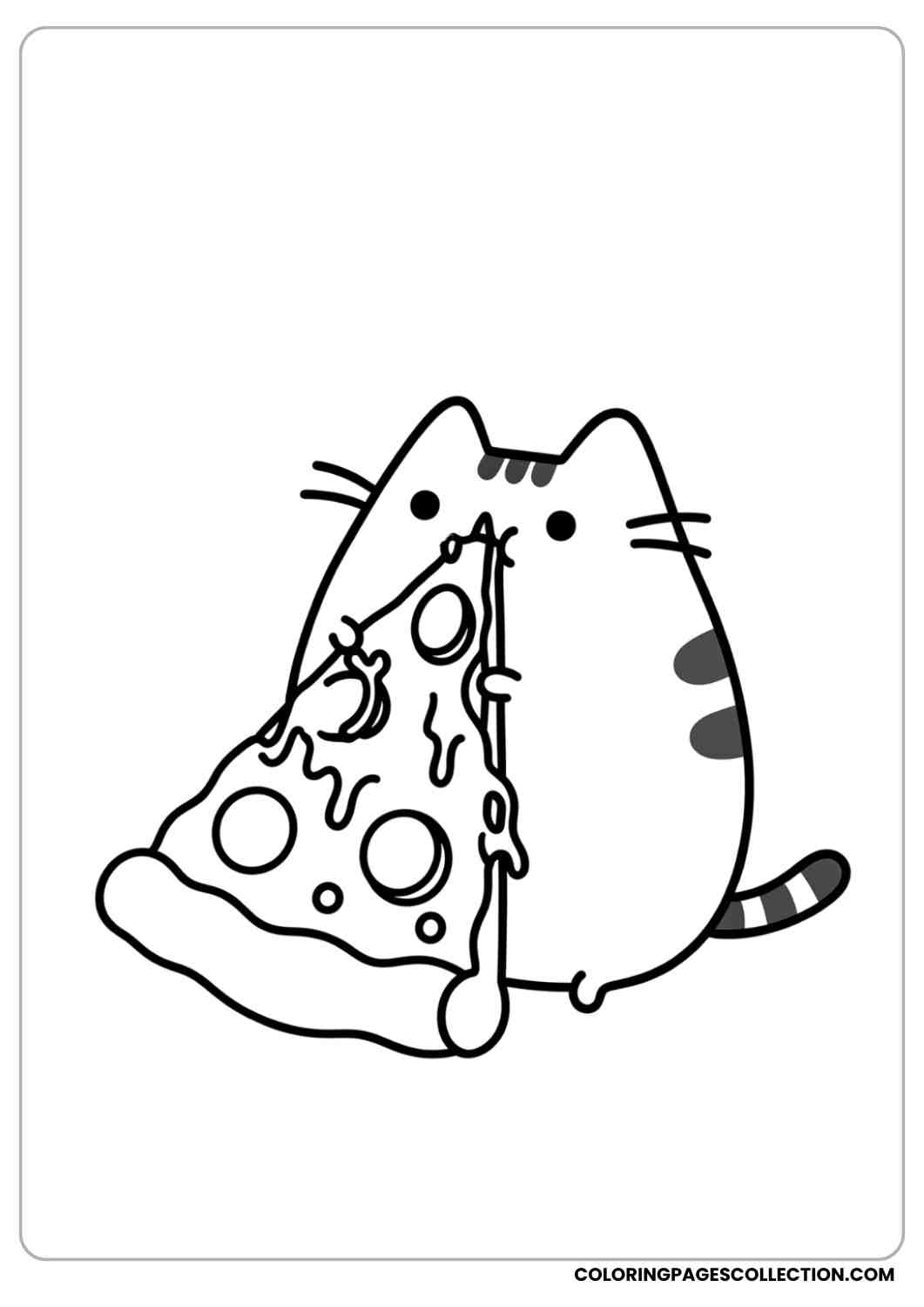 Pusheen eating a giant slice of pizza coloring page