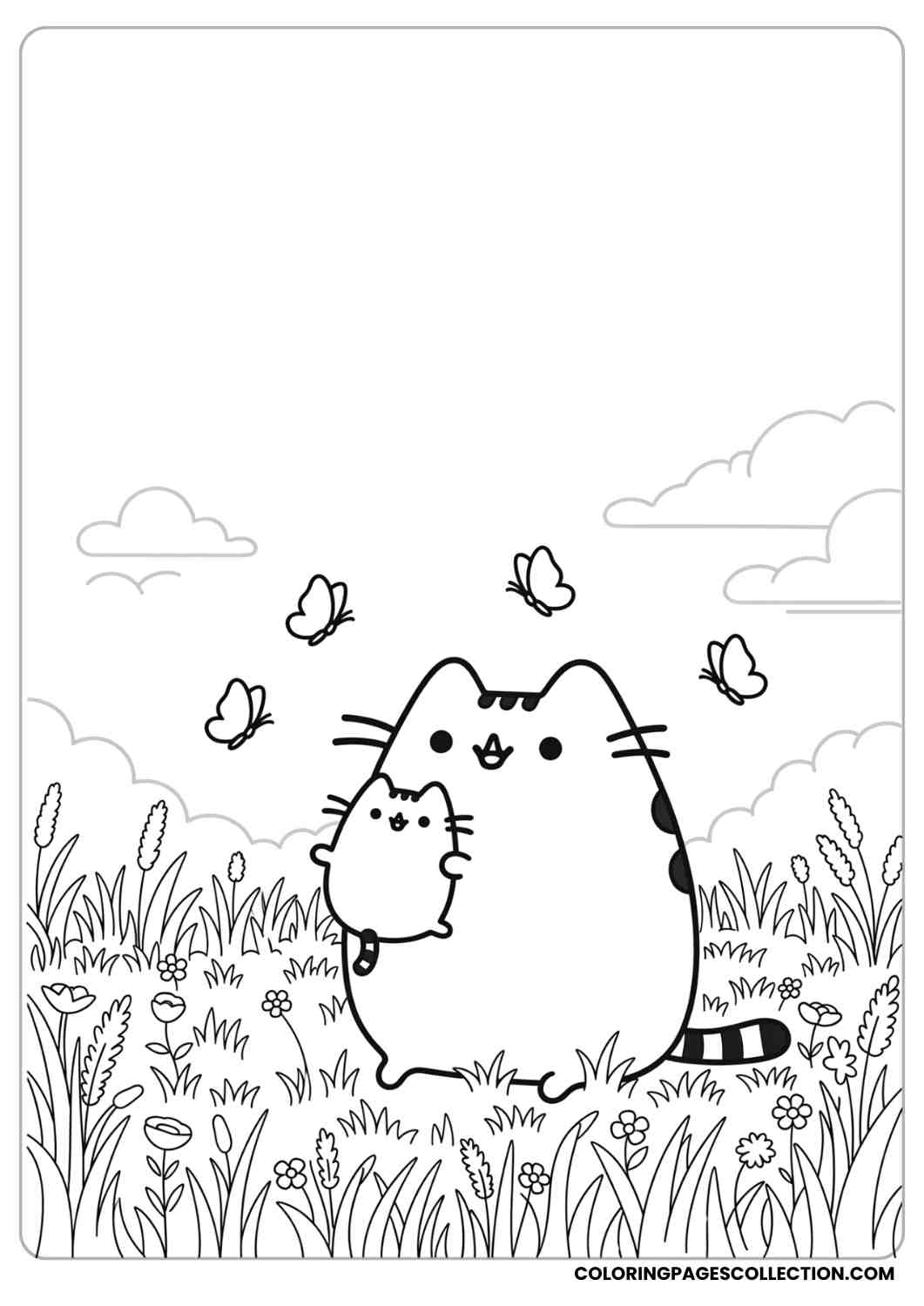 Pusheen hugging a small baby Pusheen in a meadow with butterflies and grass coloring page