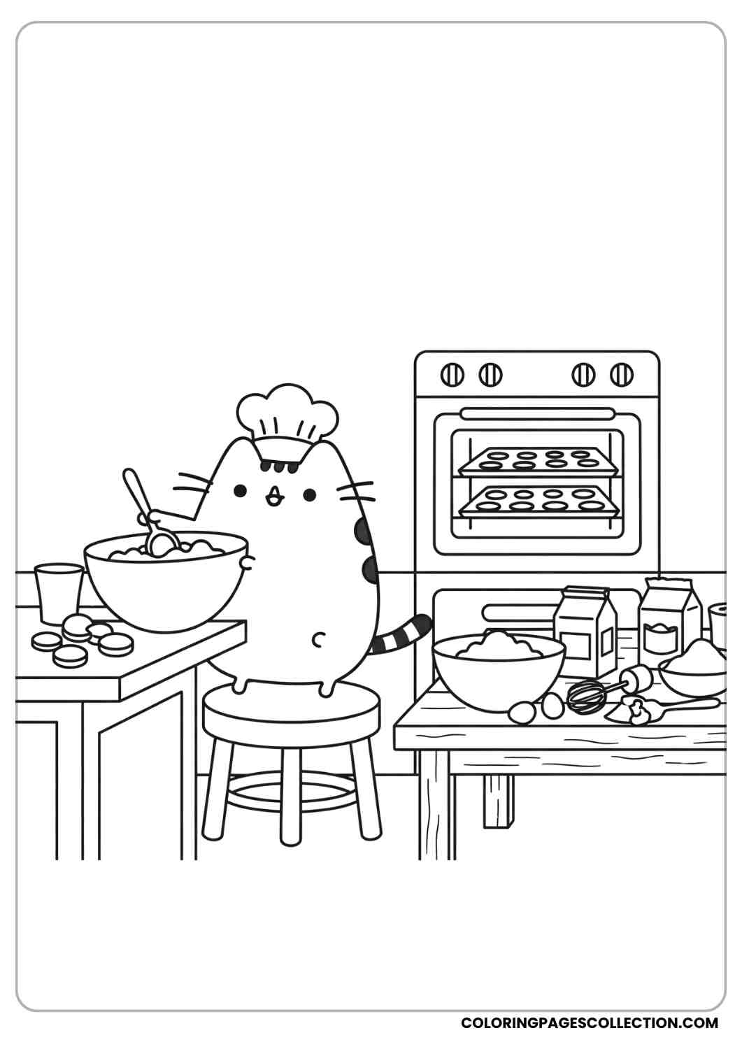 Pusheen baking cookies in a kitchen with oven, table, and mixing bowls coloring page