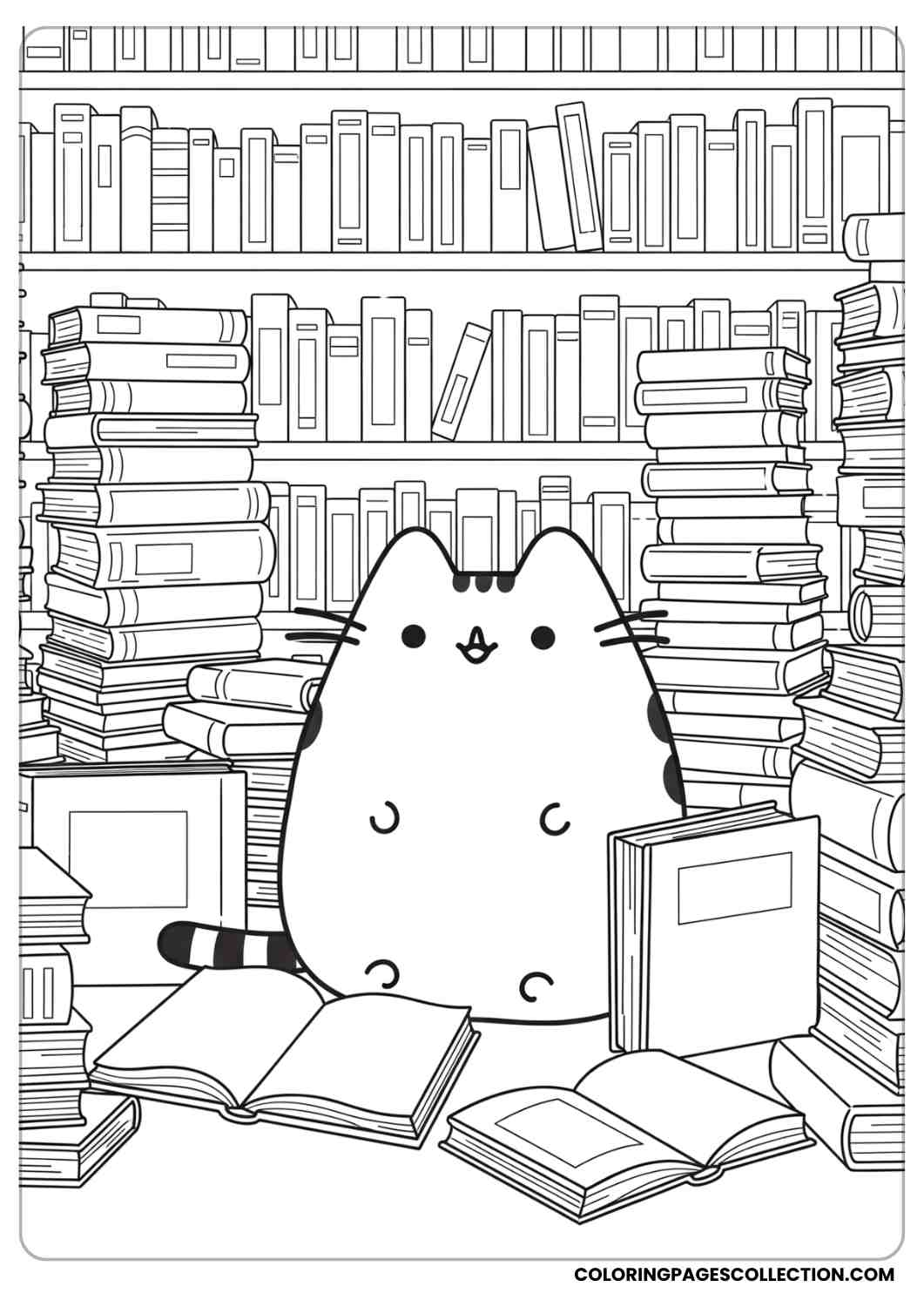 Pusheen sitting in a library surrounded by stacks of books coloring page