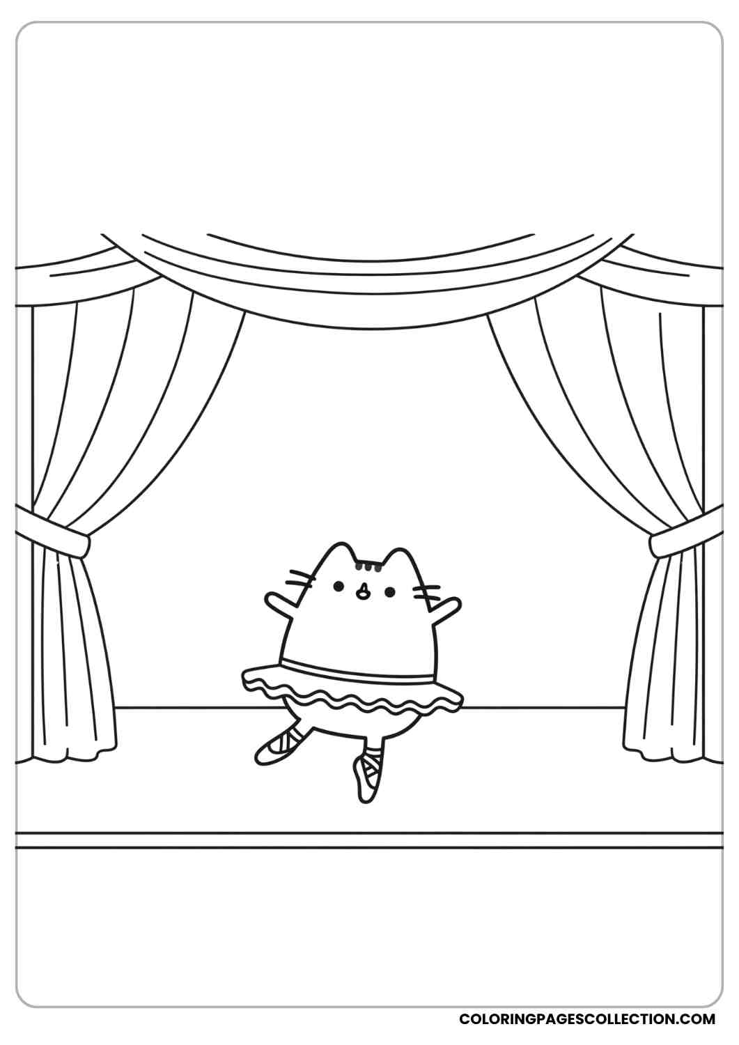 Pusheen dressed as a ballerina dancing on stage with curtains coloring page