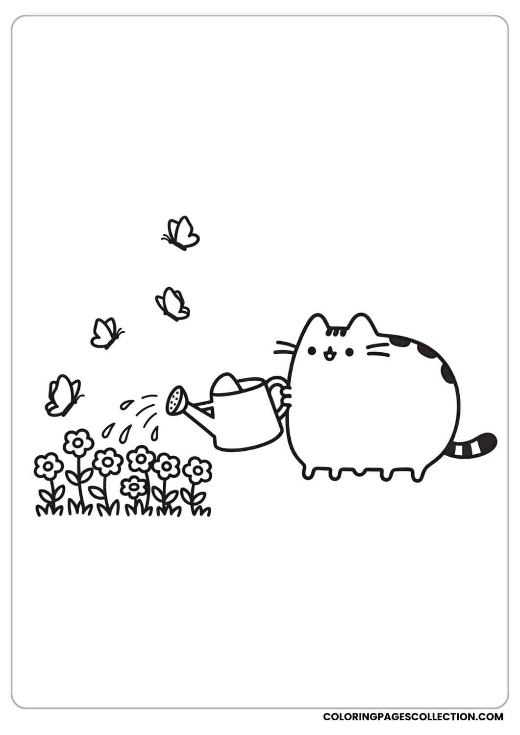 Pusheen gardening with a watering can, flowers, and butterflies coloring page