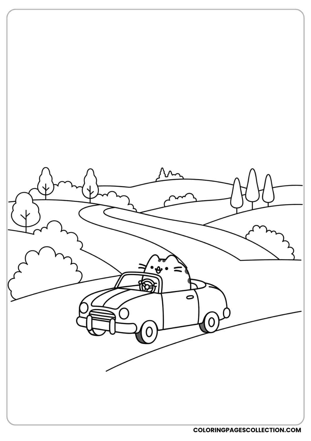 Pusheen driving a small car on a road with hills and trees coloring page