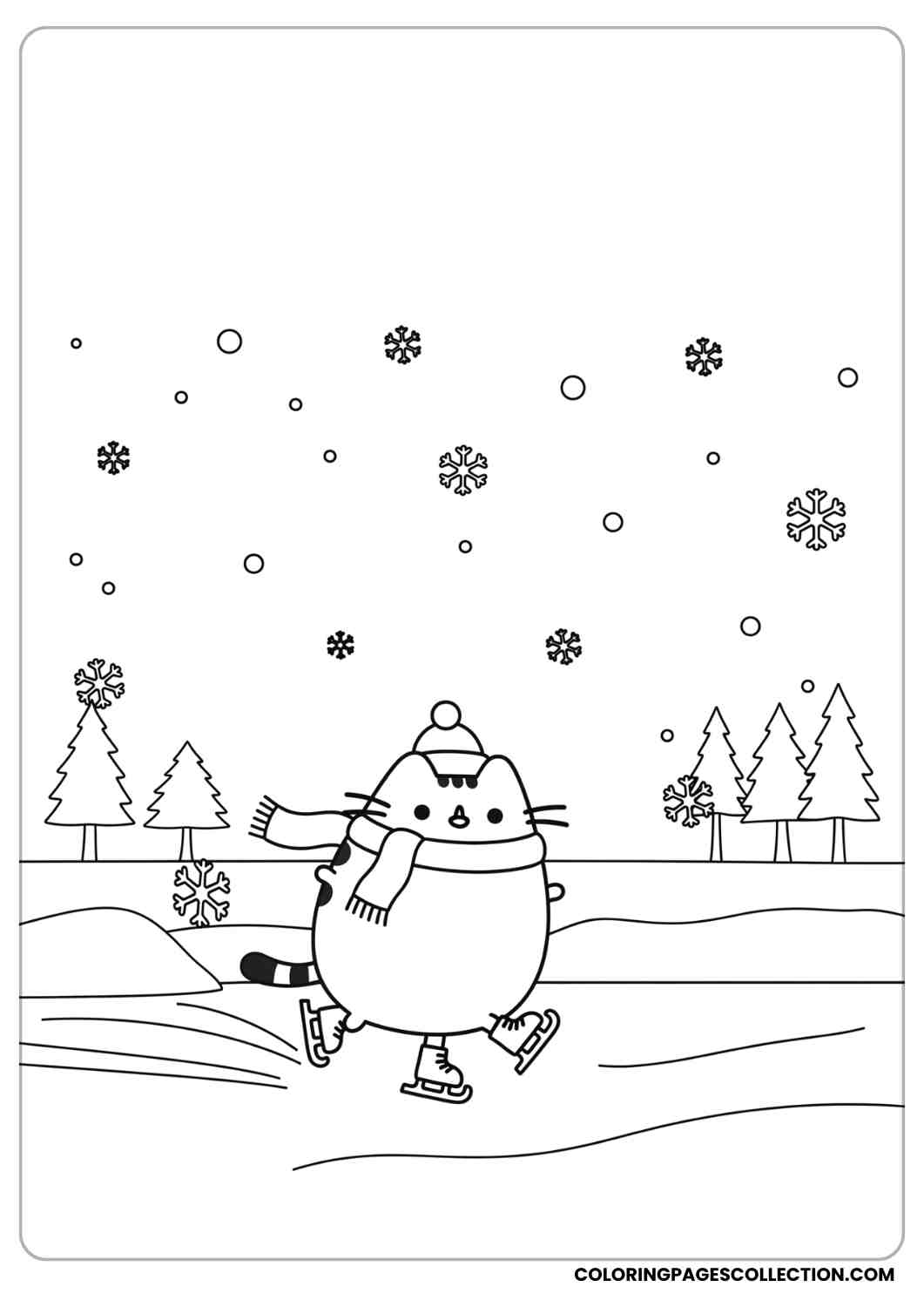 Pusheen ice skating on a frozen lake with snowflakes falling coloring page