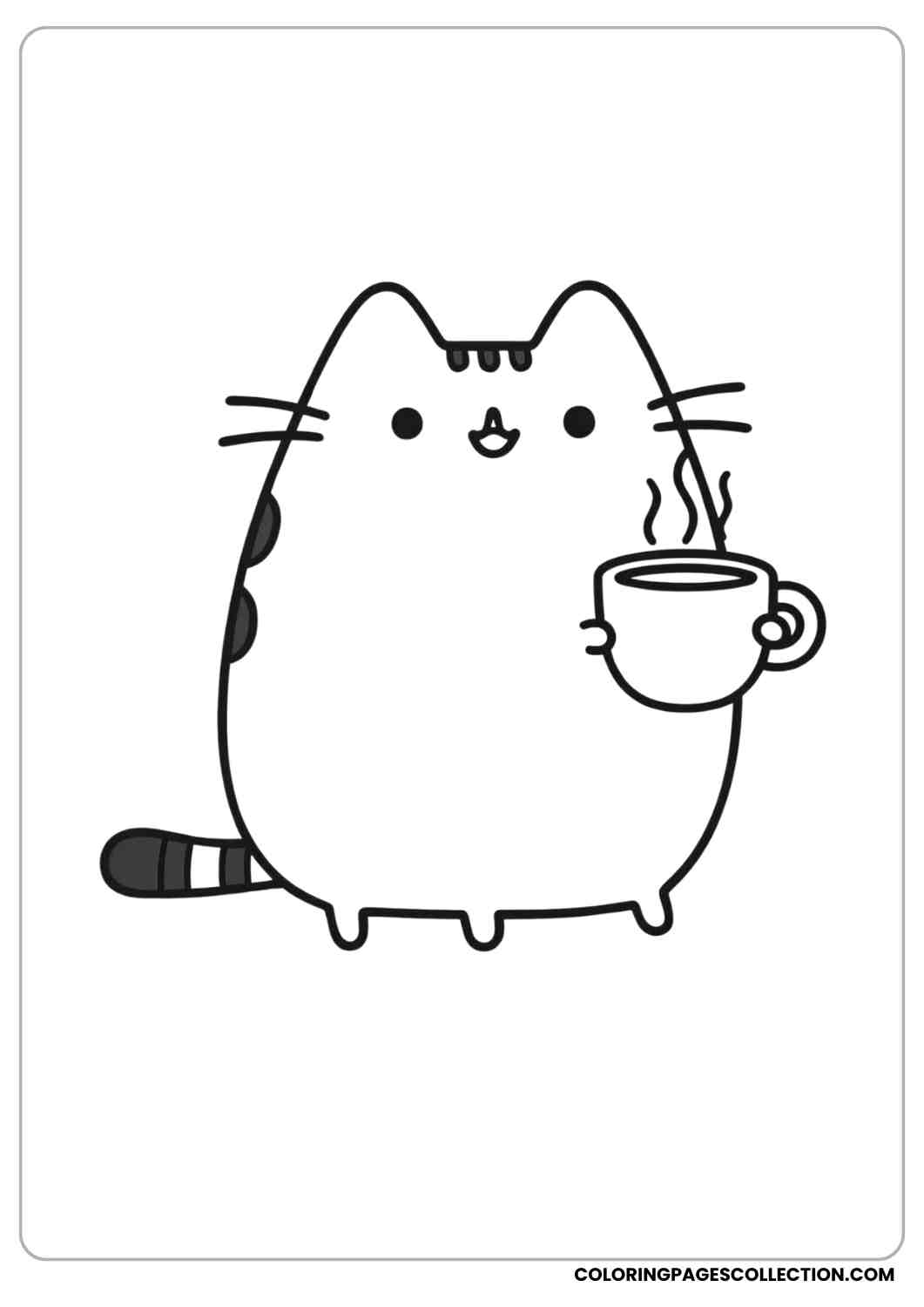 Pusheen holding a coffee cup with steam rising coloring page