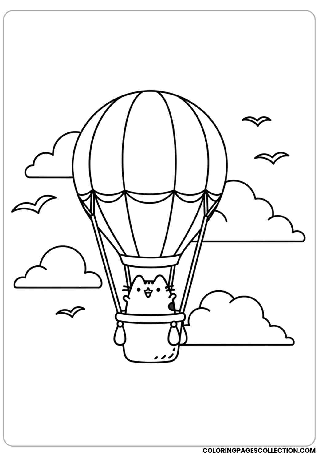 Pusheen flying in a hot air balloon with clouds and birds around coloring page