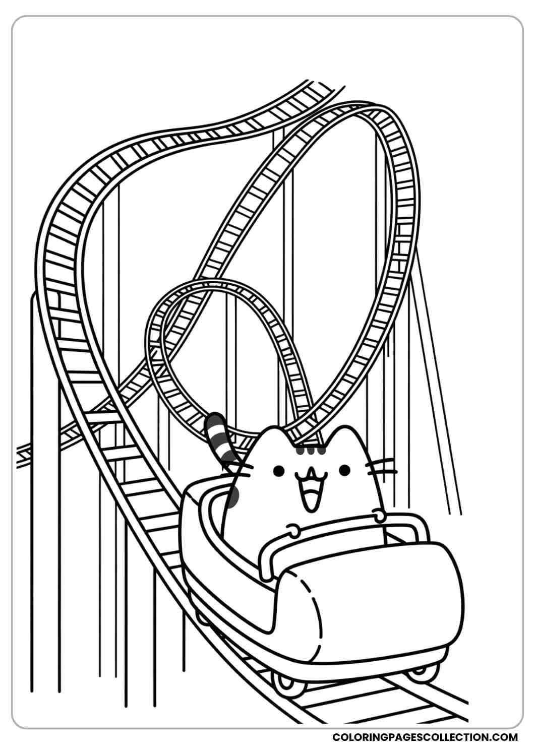 Pusheen riding a roller coaster with tracks looping behind coloring page