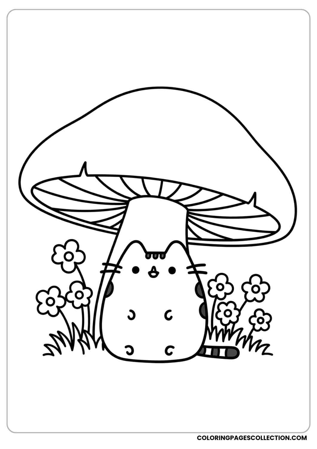 Pusheen sitting under a giant mushroom with tiny flowers around coloring page