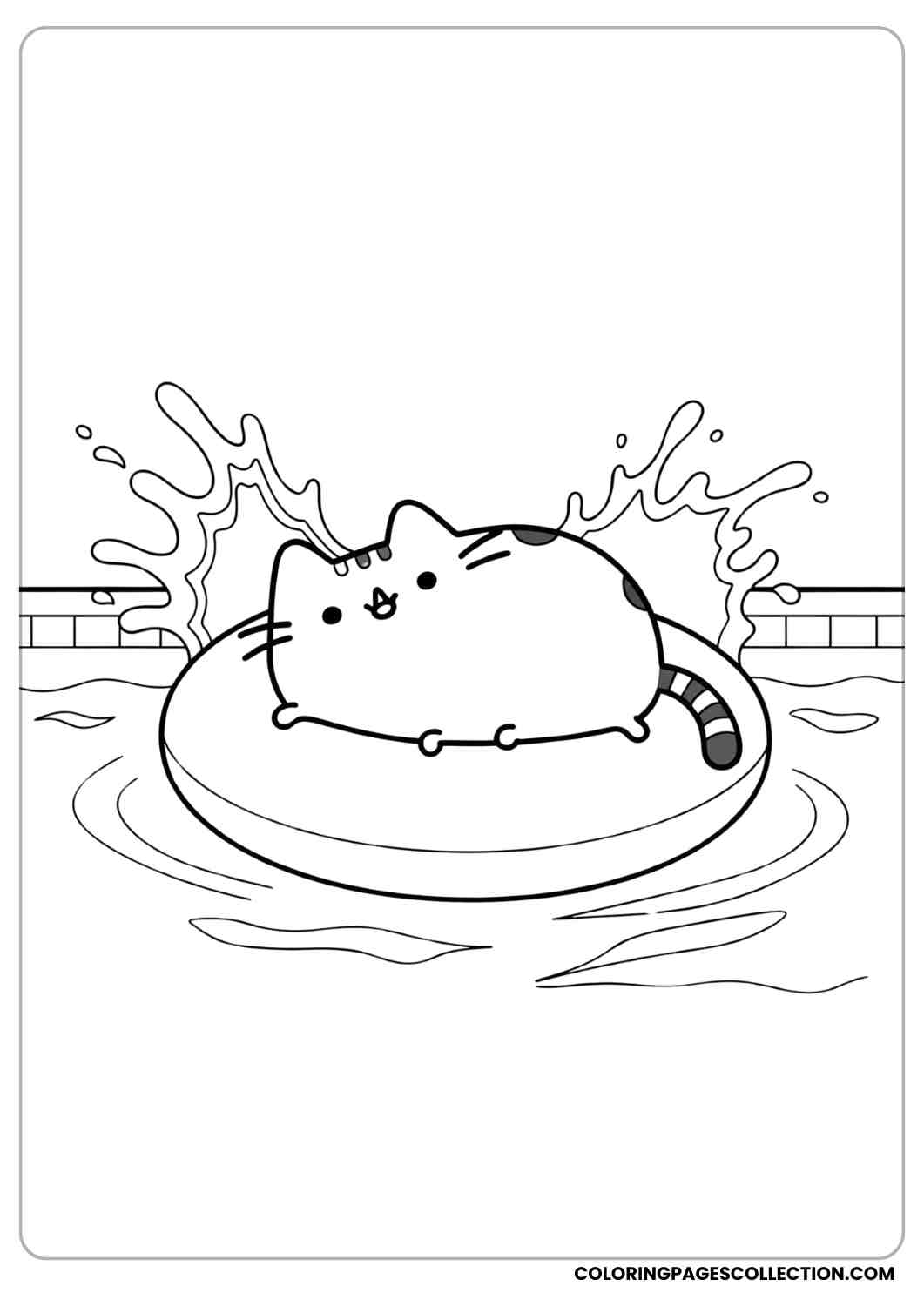 Pusheen floating on an inflatable ring in a swimming pool with splashes coloring page