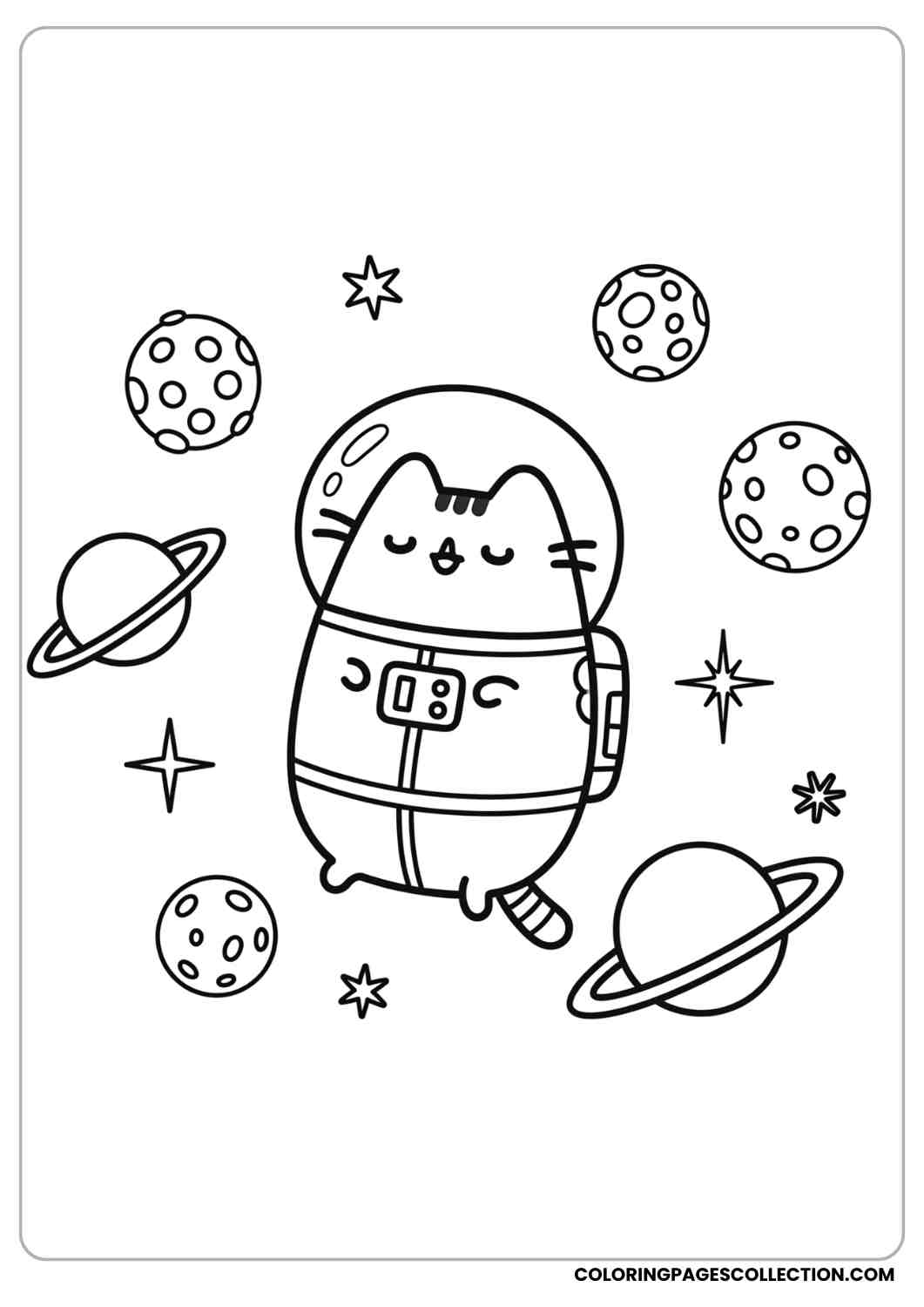 Pusheen in a space suit floating among planets and stars coloring page