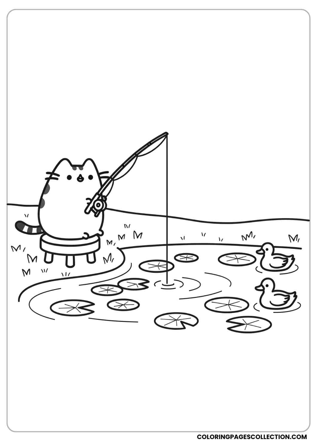 Pusheen fishing by a pond with lily pads and ducks coloring page