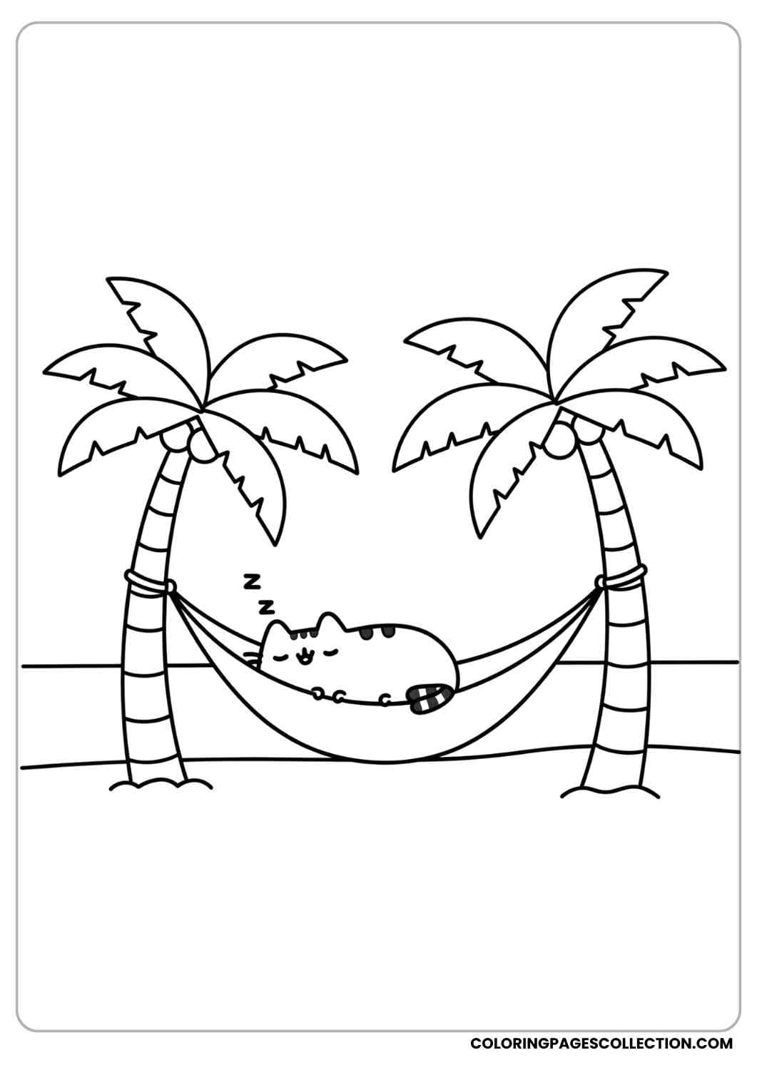 Pusheen sleeping in a hammock tied to two palm trees coloring page