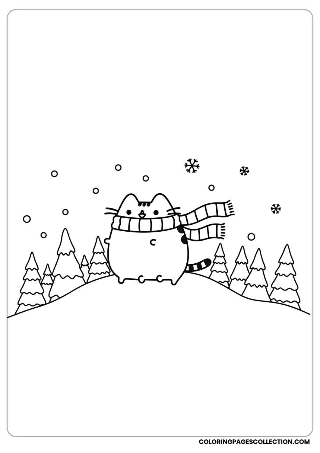 Pusheen on a snowy mountain wearing a scarf with pine trees behind coloring page