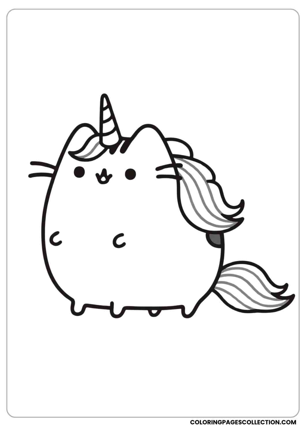 Pusheen dressed as a unicorn with a horn and rainbow mane coloring page