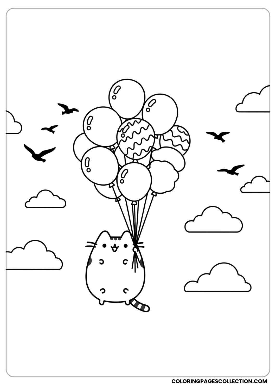 Pusheen holding balloons and floating in the air with clouds and birds in the background coloring page