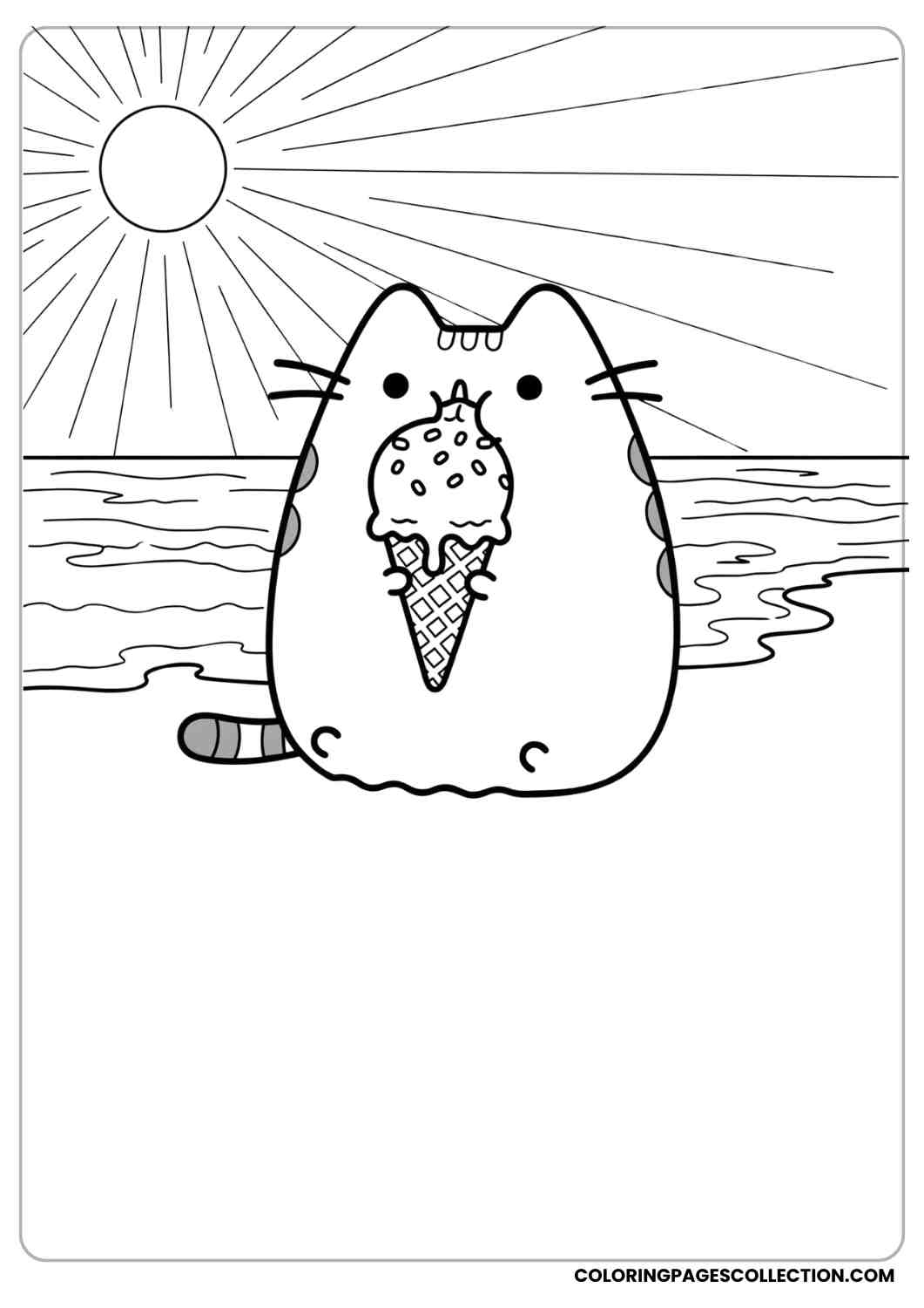Pusheen eating ice cream with sprinkles on top at the beach with waves and sun coloring page