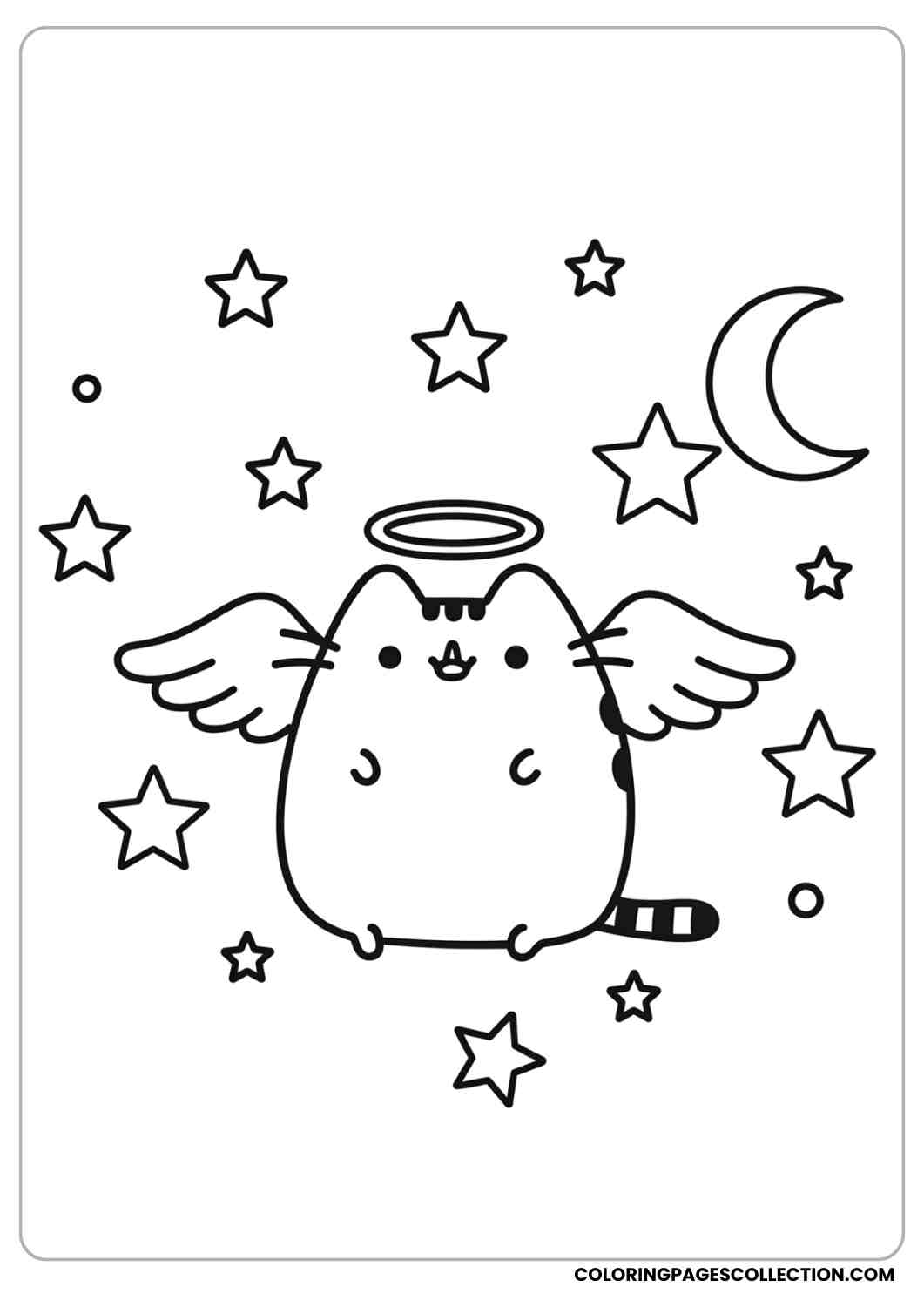 Pusheen with angel wings and a little halo surrounded by stars and moon coloring page