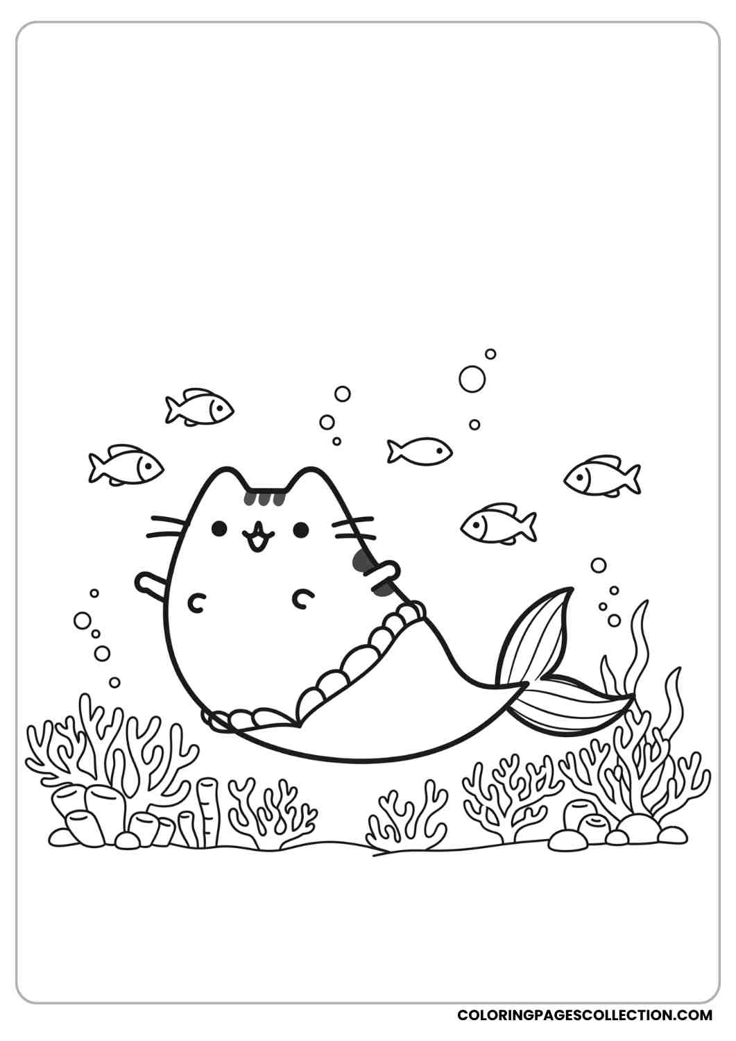 Pusheen dressed as a mermaid with a fish tail swimming underwater with corals and fish coloring page