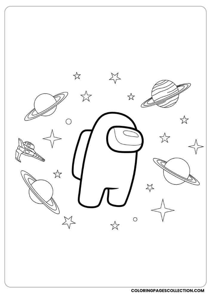 Among Us crewmate floating in space with stars, planets, and a spaceship around it coloring page, among us coloring pages, among us coloring sheets, among us coloring book