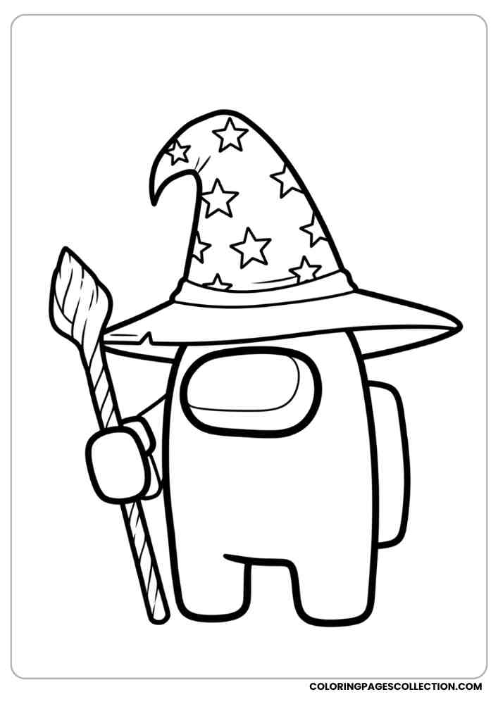 Among Us crewmate dressed as a wizard with a magic staff and starry hat coloring page, among us coloring pages, among us coloring sheets, among us coloring book