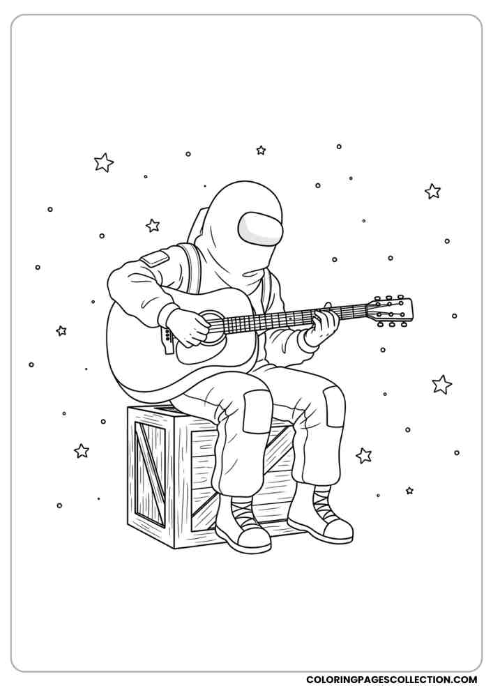 Among Us crewmate playing guitar while sitting on a crate in space coloring page, among us coloring pages, among us coloring sheets, among us coloring book