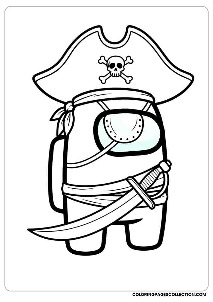 Among Us crewmate dressed like a pirate with an eye patch, sword, and hat coloring page, among us coloring pages, among us coloring sheets, among us coloring book