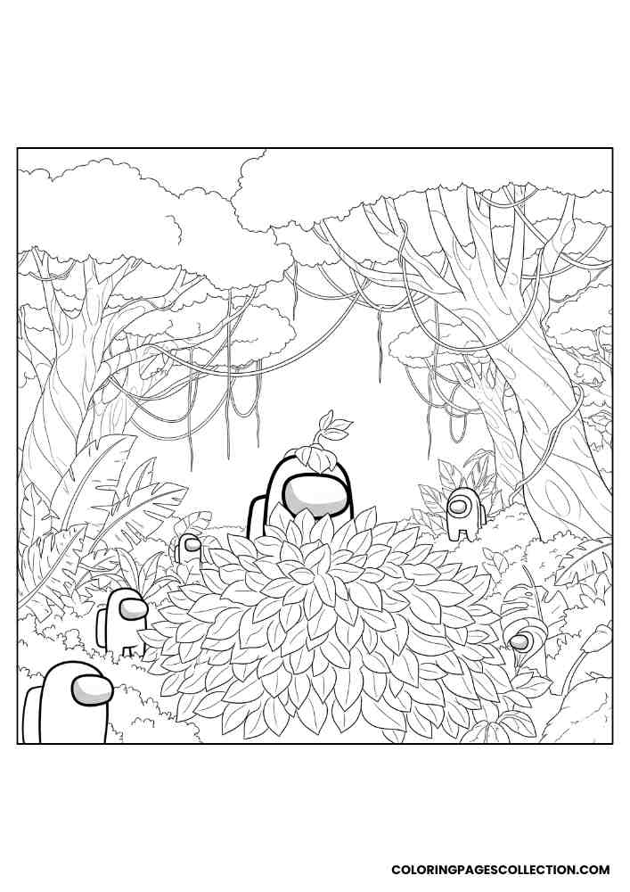 Among Us crewmates in a jungle with trees, vines, and one hiding behind a bush coloring page, among us coloring pages, among us coloring sheets, among us coloring book