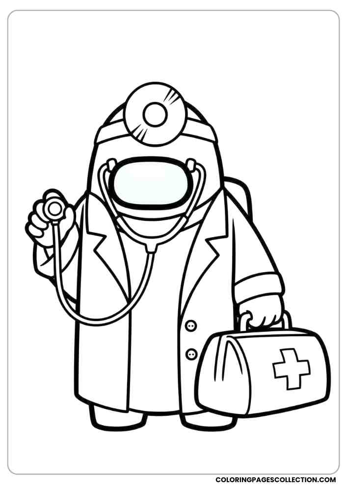 Among Us crewmate dressed as a doctor with a stethoscope and medical bag coloring page, among us coloring pages, among us coloring sheets, among us coloring book