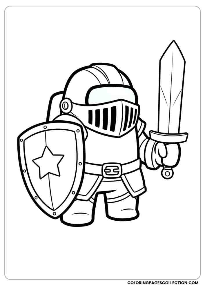 Among Us crewmate as a knight in armor, holding a shield and sword coloring page, among us coloring pages, among us coloring sheets, among us coloring book