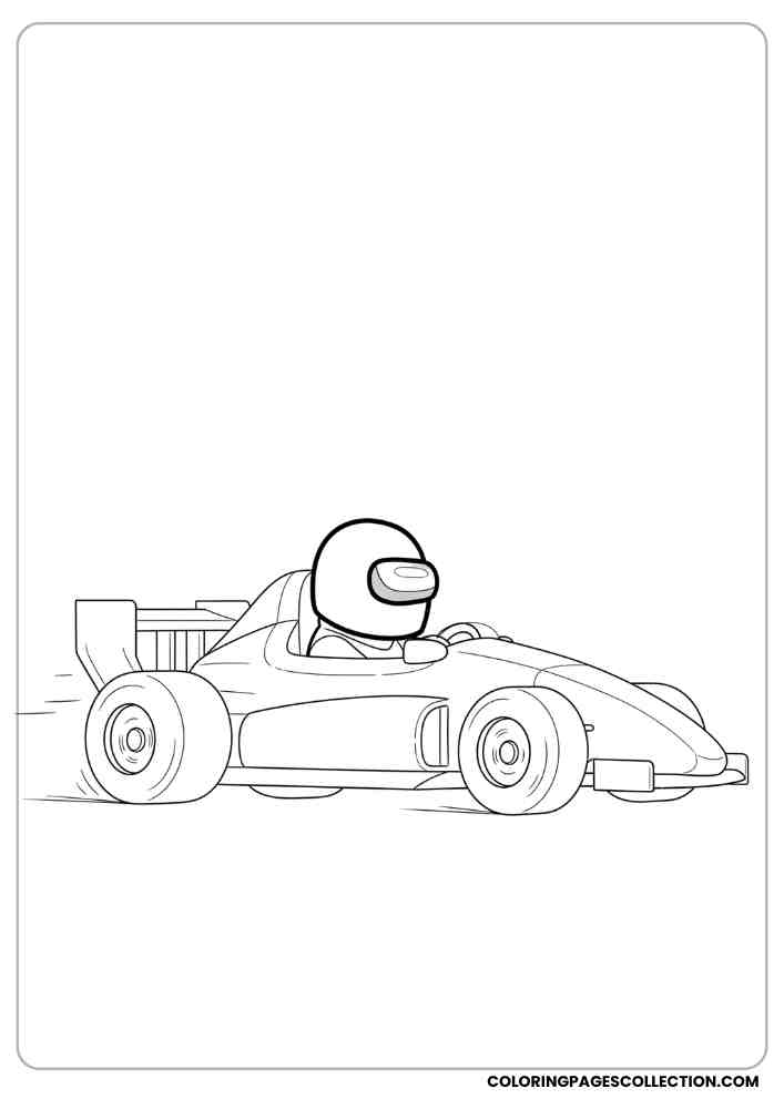 Among Us crewmate in a racing car with a helmet and wheels drawn coloring page, among us coloring pages, among us coloring sheets, among us coloring book