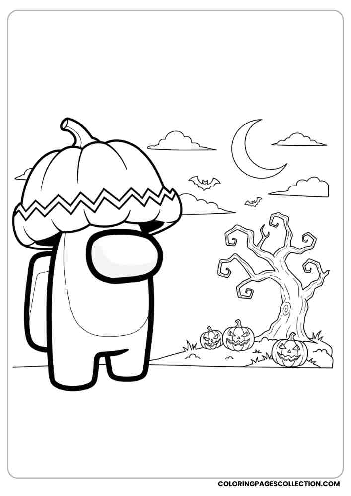Among Us crewmate wearing a pumpkin hat standing next to a Halloween-themed background coloring page, among us coloring pages, among us coloring sheets, among us coloring book