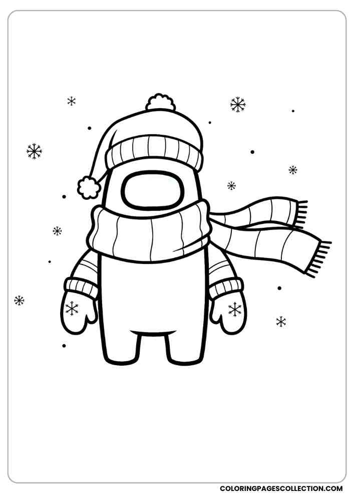 Among Us crewmate in winter clothing with a scarf, gloves, and snowflakes falling coloring page, among us coloring pages, among us coloring sheets, among us coloring book
