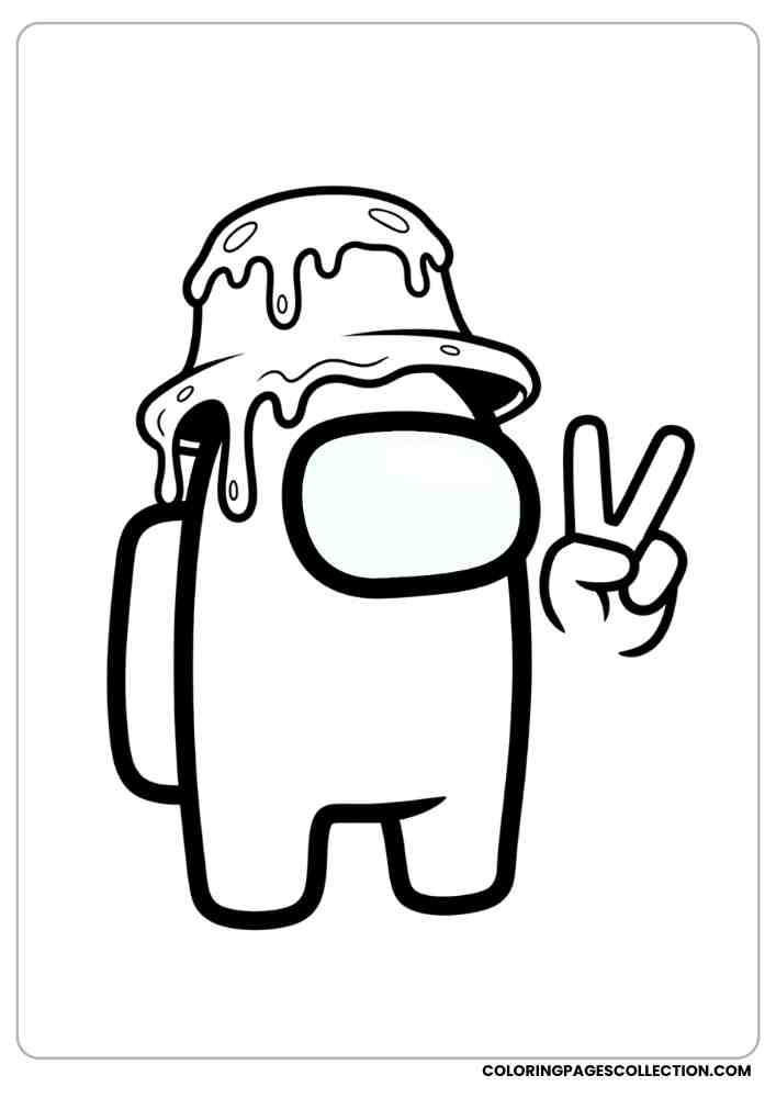 Among Us crewmate giving a peace sign with a dripping slime hat coloring page, among us coloring pages, among us coloring sheets, among us coloring book