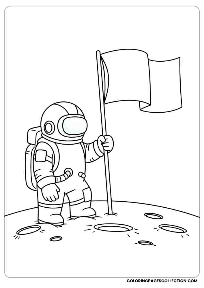 Among Us crewmate dressed as an astronaut planting a flag on the moon coloring page, among us coloring pages, among us coloring sheets, among us coloring book