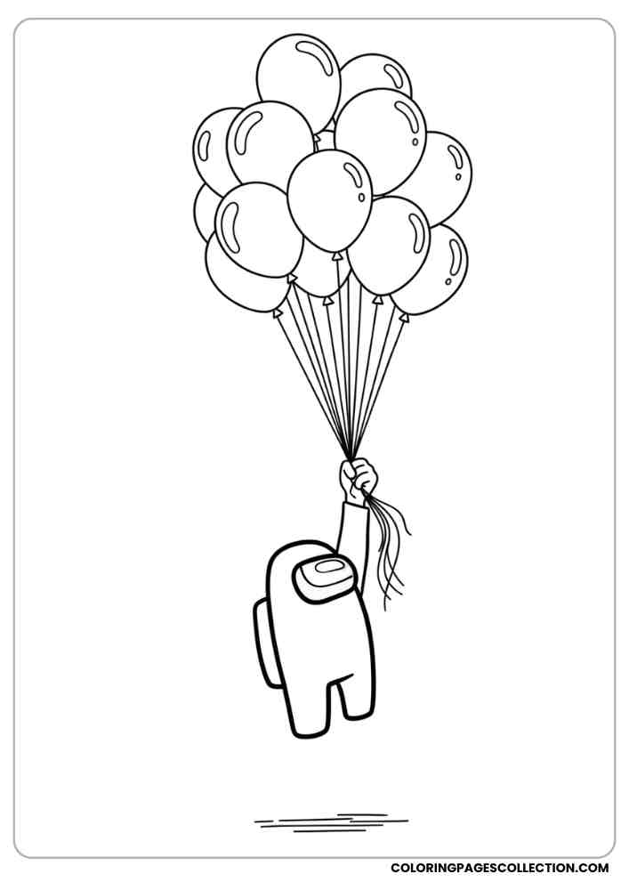 Among Us crewmate holding balloons while floating up in the sky coloring page, among us coloring pages, among us coloring sheets, among us coloring book