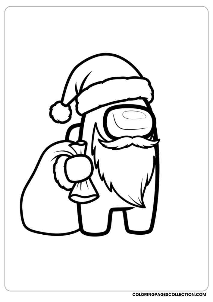 Among Us crewmate dressed as Santa Claus with a gift bag coloring page, among us coloring pages, among us coloring sheets, among us coloring book