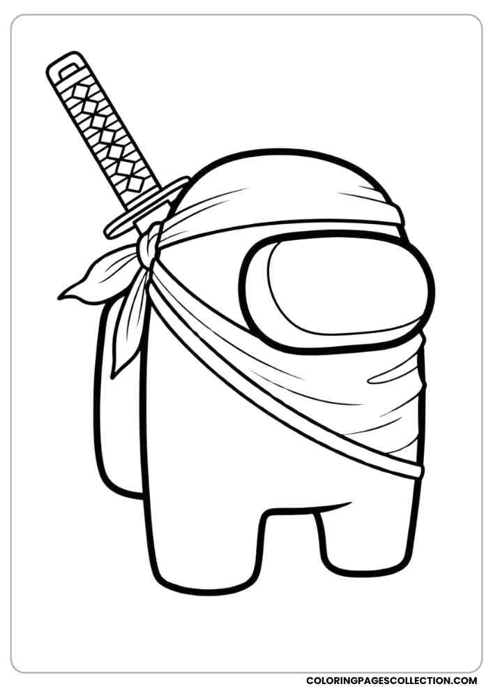 Among Us crewmate dressed as a ninja with a sword on the back coloring page, among us coloring pages, among us coloring sheets, among us coloring book