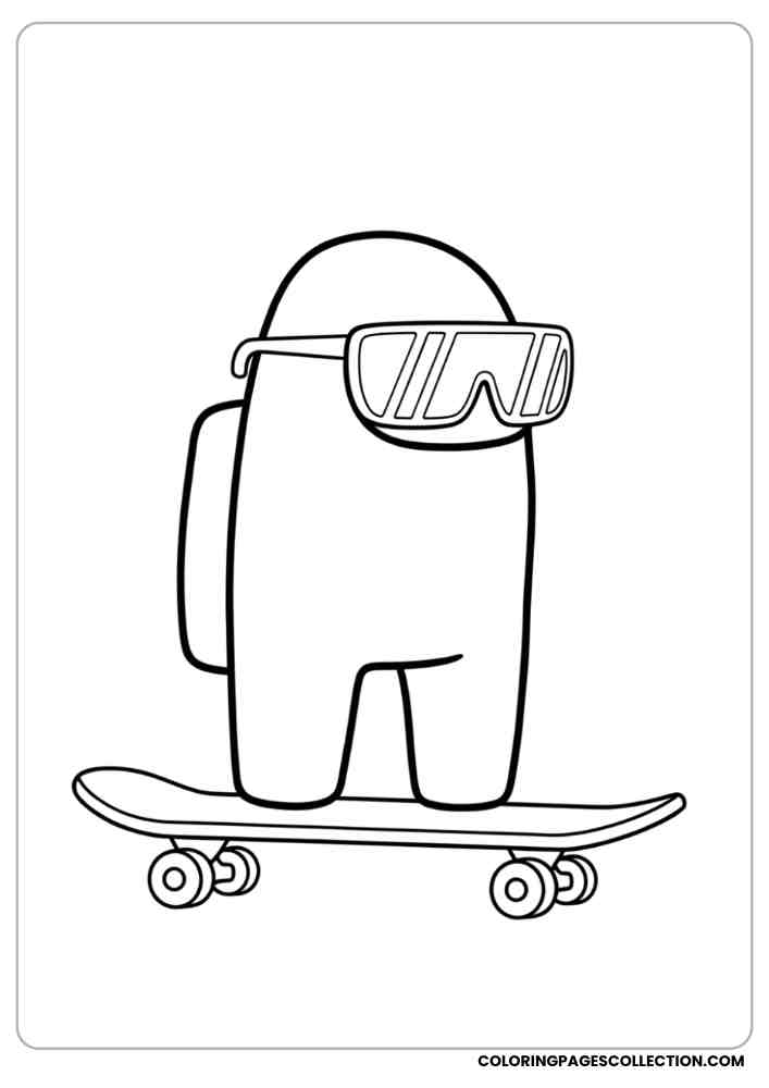 Among Us crewmate riding a skateboard with cool sunglasses coloring page, among us coloring pages, among us coloring sheets, among us coloring book