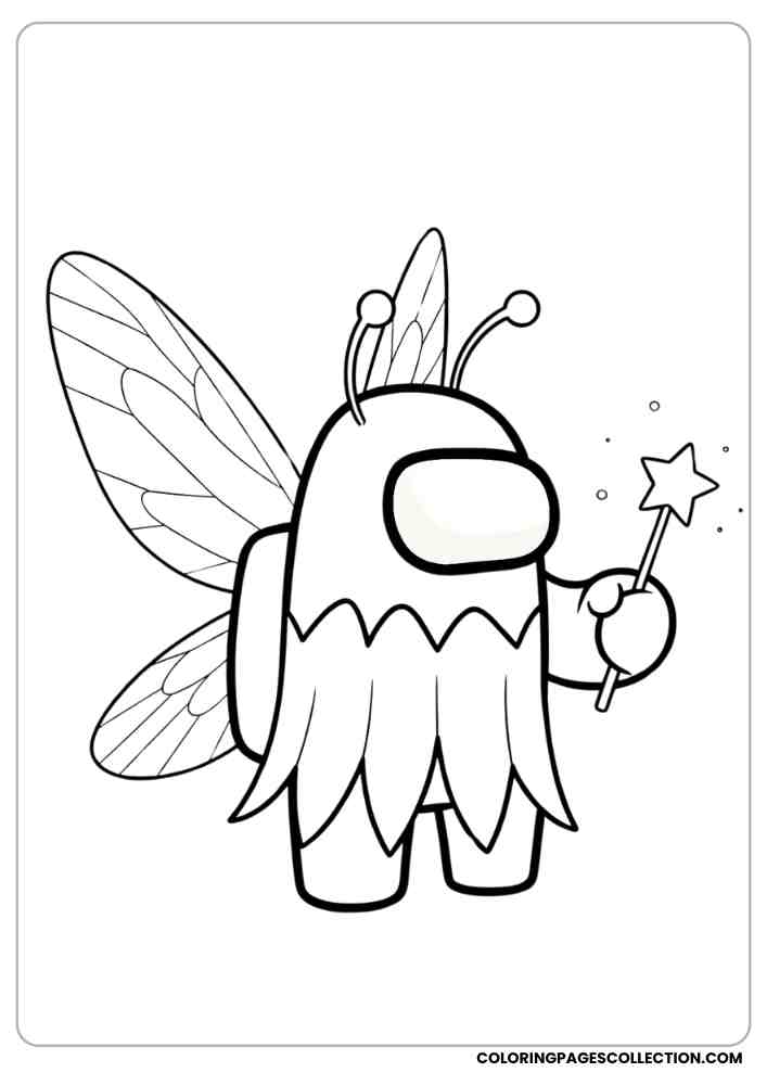 Among Us crewmate dressed as a fairy with wings and a magic wand coloring page, among us coloring pages, among us coloring sheets, among us coloring book