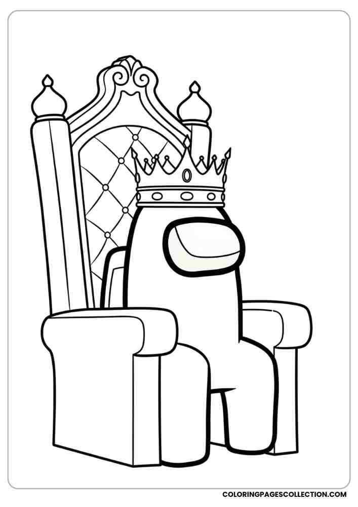 Among Us crewmate sitting on a throne wearing a crown like a king coloring page, among us coloring pages, among us coloring sheets, among us coloring book