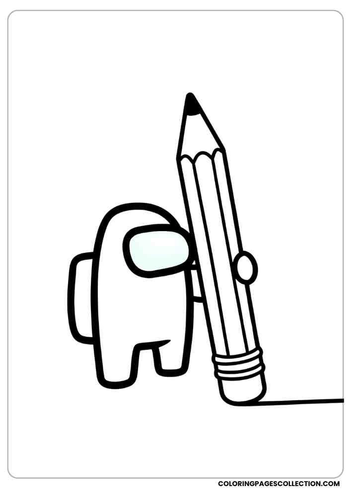 Among Us crewmate holding a giant pencil as if drawing something coloring page, among us coloring pages, among us coloring sheets, among us coloring book