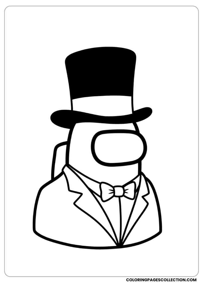 Among Us crewmate dressed as a gentleman with a tall top hat and suit coloring page, among us coloring pages, among us coloring sheets, among us coloring book