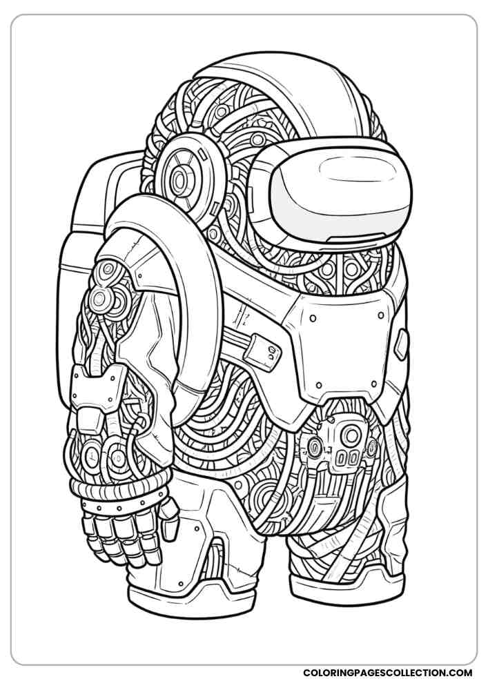 Among Us crewmate dressed as a robot with gears and wires showing coloring page, among us coloring pages, among us coloring sheets, among us coloring book