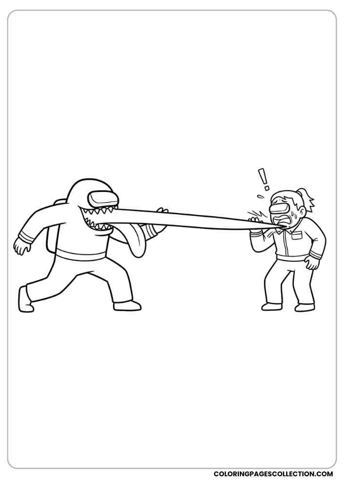Among Us imposter attacking another crewmate with a sharp tongue attack coloring page, among us coloring pages, among us coloring sheets, among us coloring book