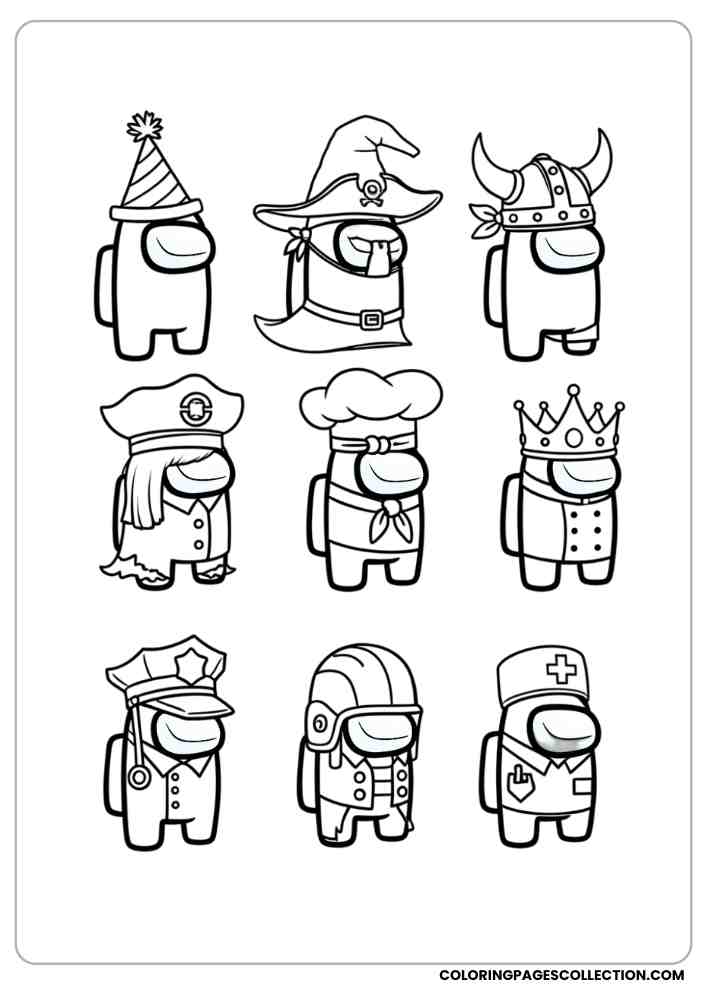 A group of 12 Among Us crewmates all wearing different hats lined up together coloring page, among us coloring pages, among us coloring sheets, among us coloring book