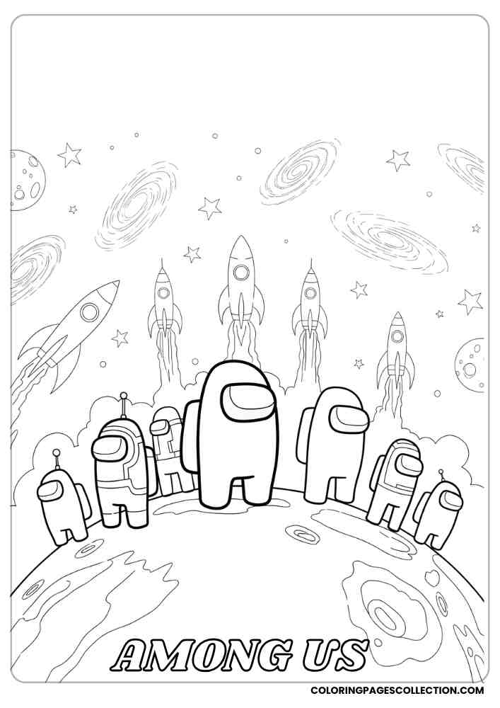 Among Us crewmates standing on a planet surface with rockets and galaxies in the background coloring page, among us coloring pages, among us coloring sheets, among us coloring book