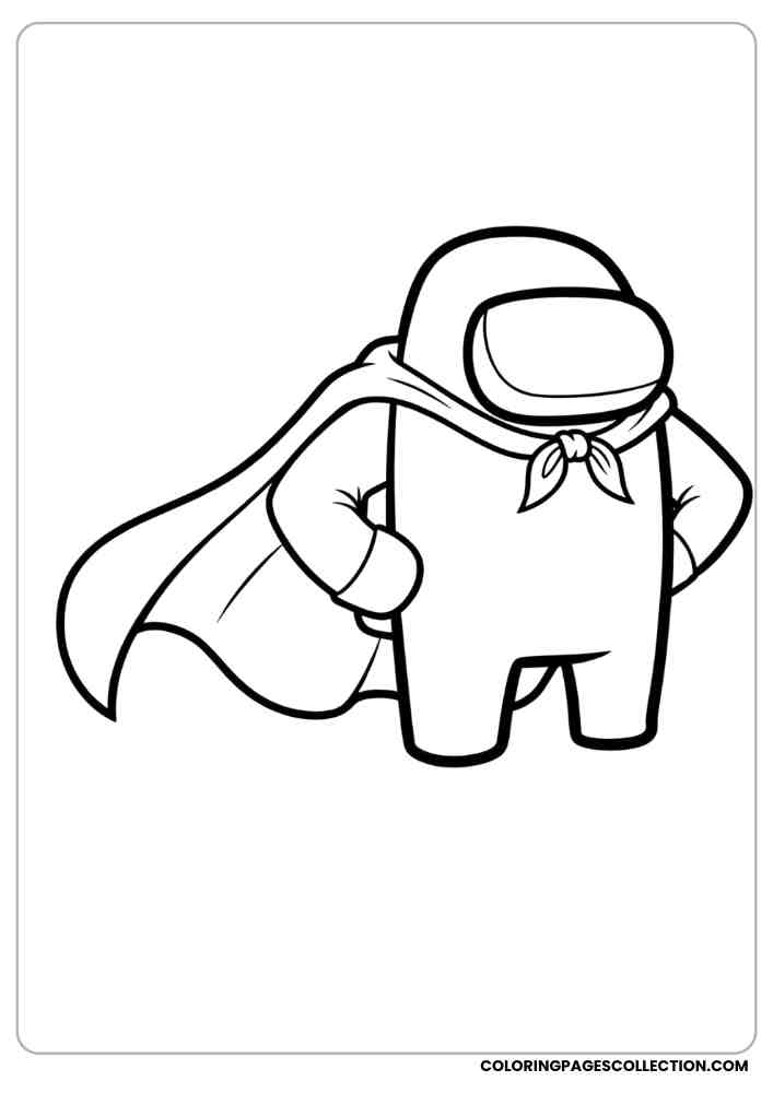 Among Us crewmate wearing a superhero cape and mask, standing heroically coloring page, among us coloring pages, among us coloring sheets, among us coloring book