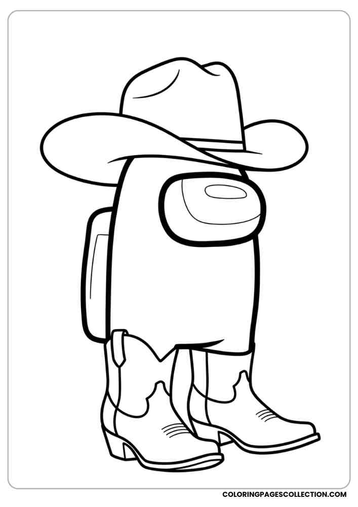 Among Us crewmate dressed as a cowboy with a hat and boots coloring page, among us coloring pages, among us coloring sheets, among us coloring book