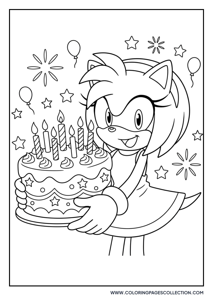 Amy Rose with birthday cake coloring page